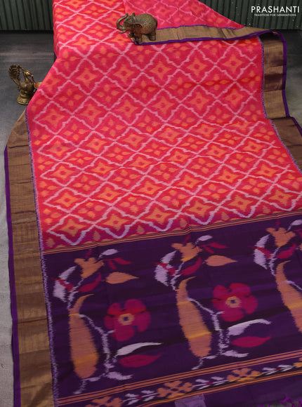 Ikat silk cotton saree pink and purple with allover ikat weaves and zari woven border