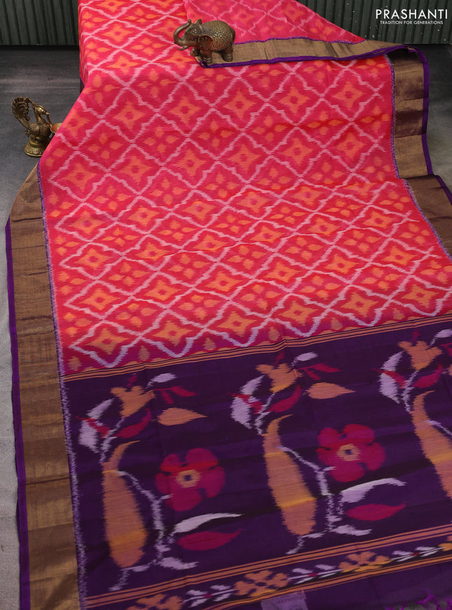 Ikat silk cotton saree pink and purple with allover ikat weaves and zari woven border