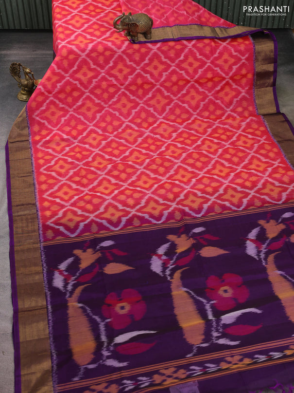 Ikat silk cotton saree pink and purple with allover ikat weaves and zari woven border