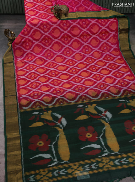 Ikat silk cotton saree pink and bottle green with allover ikat weaves and zari woven border