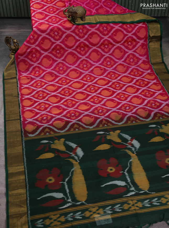 Ikat silk cotton saree pink and bottle green with allover ikat weaves and zari woven border