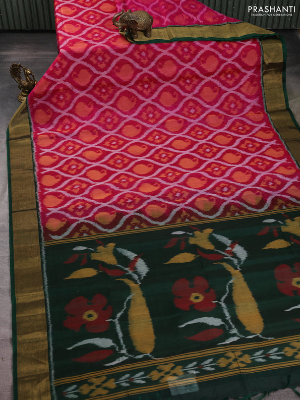 Ikat silk cotton saree pink and bottle green with allover ikat weaves and zari woven border