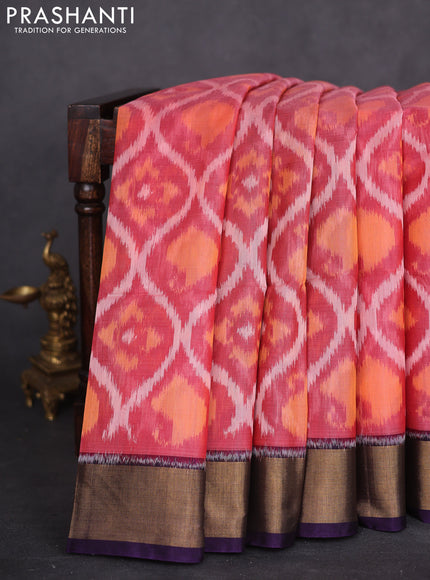 Ikat silk cotton saree peach shade and deep violet with allover ikat weaves and zari woven border