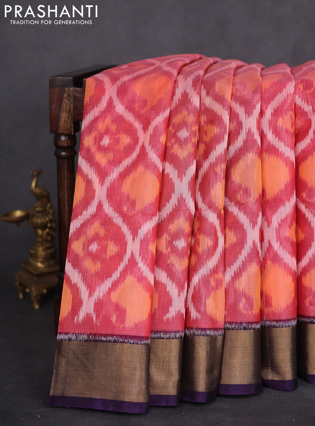 Ikat silk cotton saree peach shade and deep violet with allover ikat weaves and zari woven border