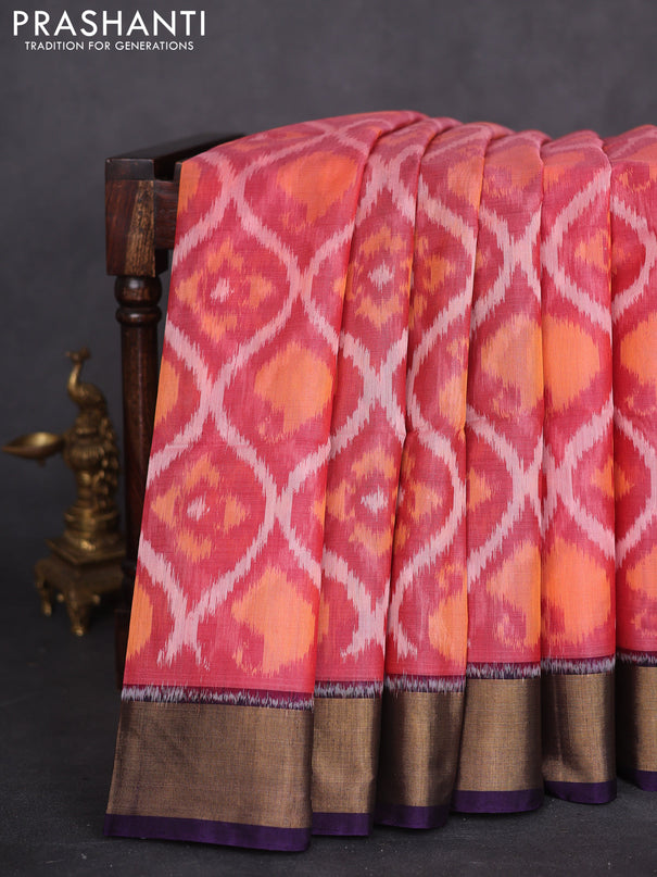 Ikat silk cotton saree peach shade and deep violet with allover ikat weaves and zari woven border