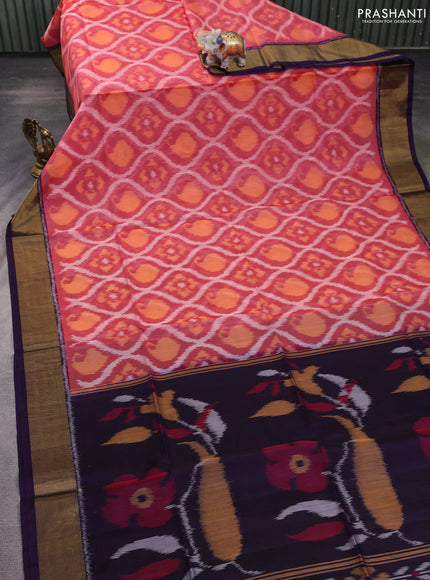Ikat silk cotton saree peach shade and deep violet with allover ikat weaves and zari woven border