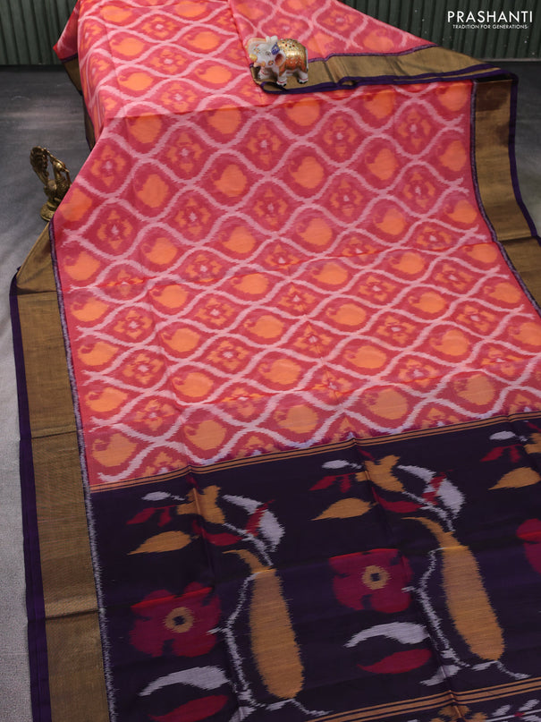 Ikat silk cotton saree peach shade and deep violet with allover ikat weaves and zari woven border