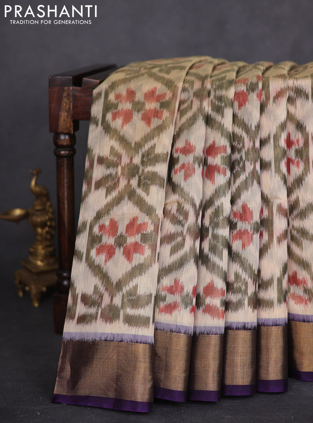 Ikat silk cotton saree sandal and deep violet with allover ikat weaves and zari woven border