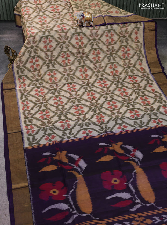 Ikat silk cotton saree sandal and deep violet with allover ikat weaves and zari woven border