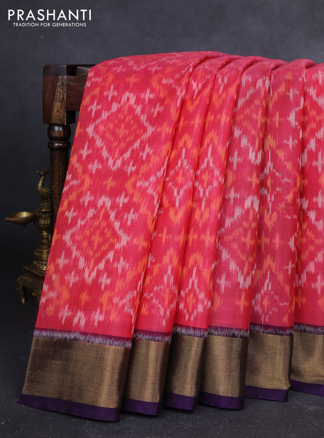 Ikat silk cotton saree red shade and deep violet with allover ikat weaves and zari woven border