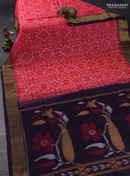 Ikat silk cotton saree red shade and deep violet with allover ikat weaves and zari woven border