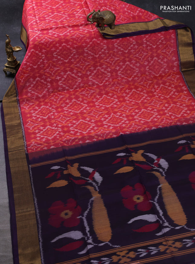 Ikat silk cotton saree red shade and deep violet with allover ikat weaves and zari woven border