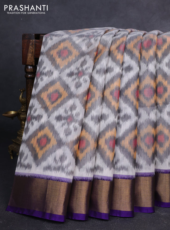 Ikat silk cotton saree off white grey and blue with allover ikat weaves and zari woven border