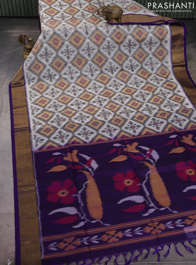 Ikat silk cotton saree off white grey and blue with allover ikat weaves and zari woven border
