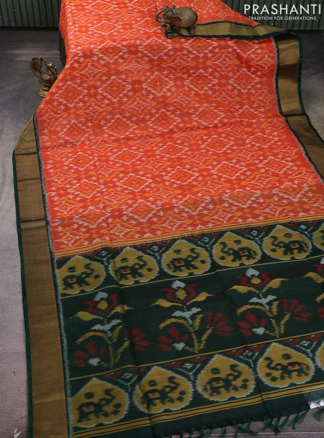 Ikat silk cotton saree orange and bottle green with allover ikat weaves and zari woven border