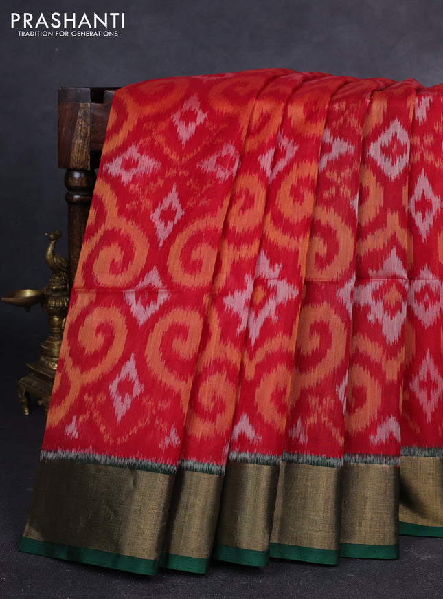 Ikat silk cotton saree red and bottle green with allover ikat weaves and zari woven border