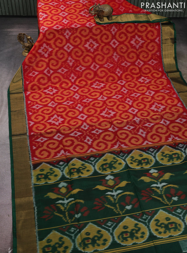 Ikat silk cotton saree red and bottle green with allover ikat weaves and zari woven border