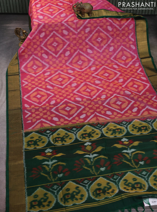 Ikat silk cotton saree pink and green with allover ikat weaves and zari woven border