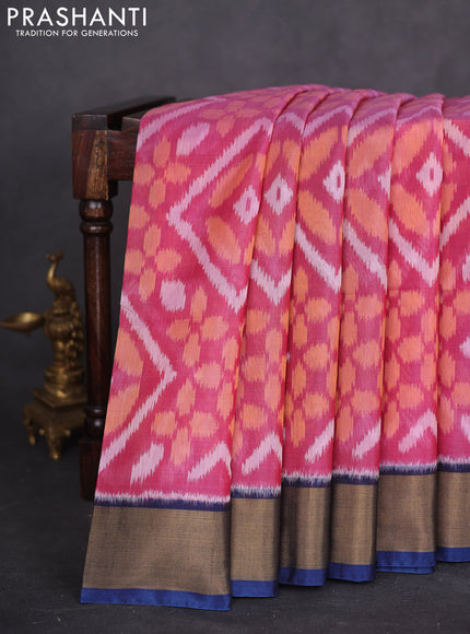 Ikat silk cotton saree pink and dark blue with allover ikat weaves and zari woven border