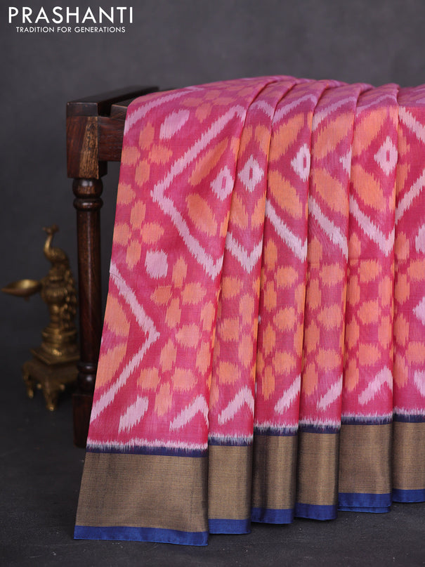 Ikat silk cotton saree pink and dark blue with allover ikat weaves and zari woven border
