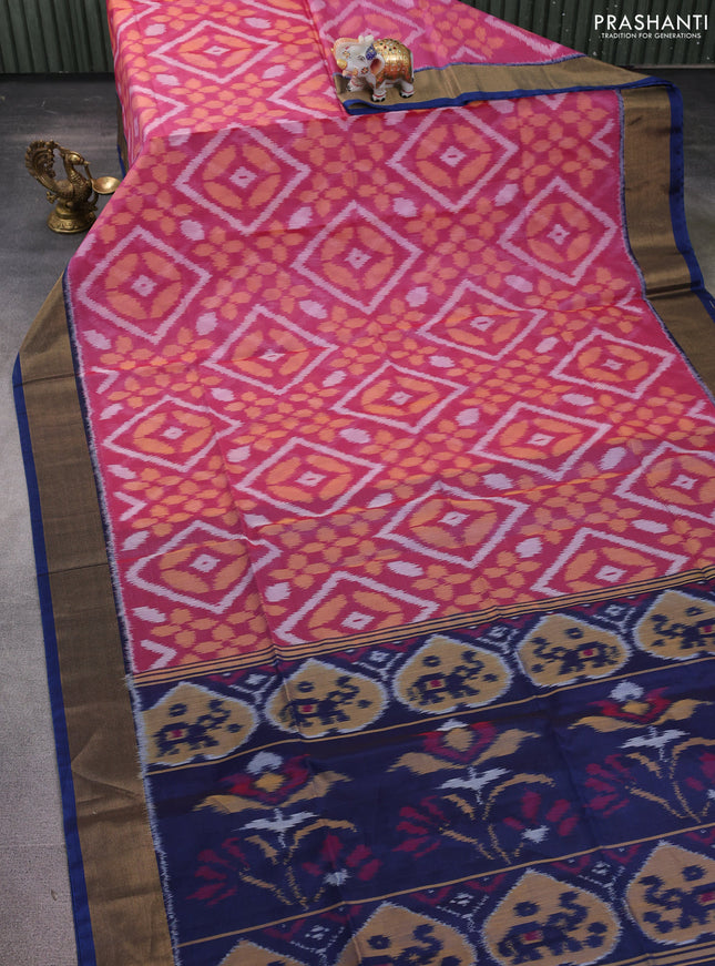 Ikat silk cotton saree pink and dark blue with allover ikat weaves and zari woven border
