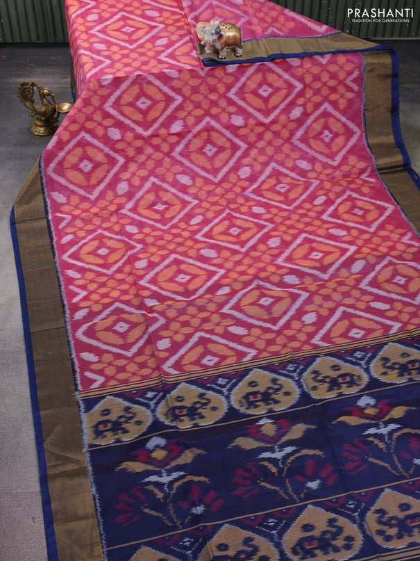 Ikat silk cotton saree pink and dark blue with allover ikat weaves and zari woven border