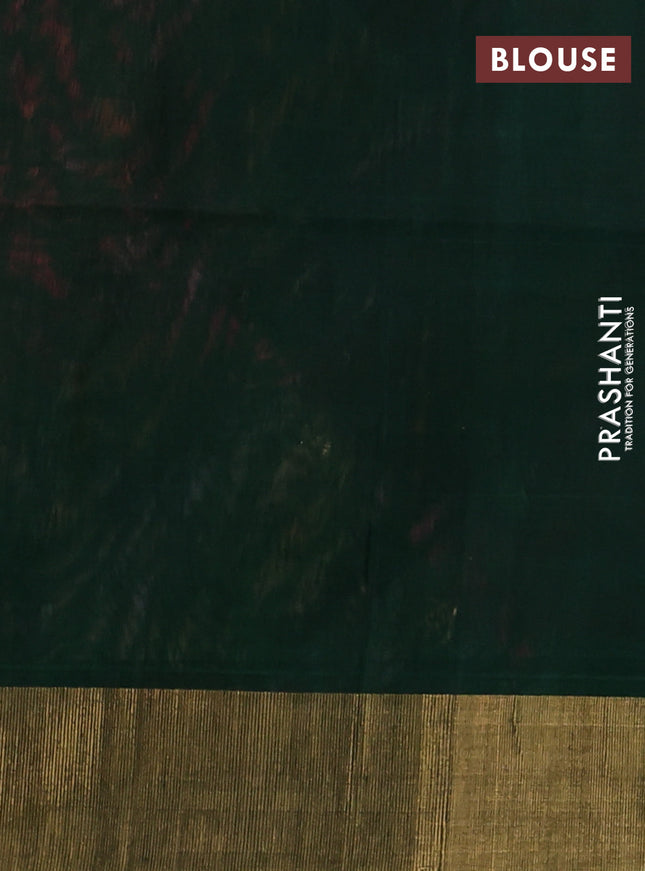 Ikat silk cotton saree magenta pink and bottle green with allover ikat weaves and zari woven border