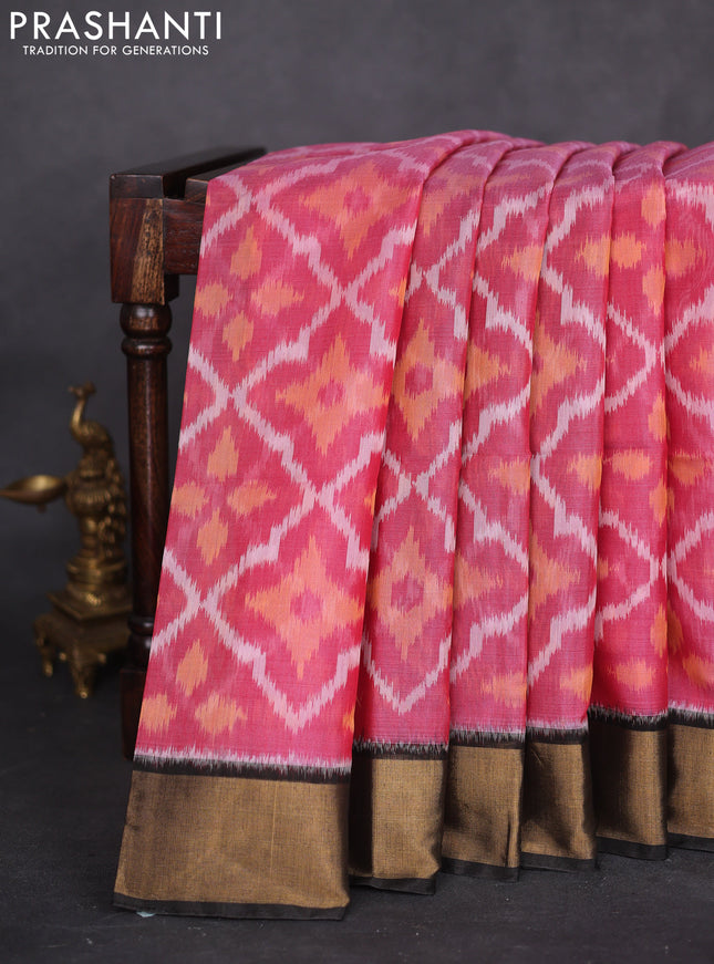 Ikat silk cotton saree pink and deep coffee brown with allover ikat weaves and zari woven border