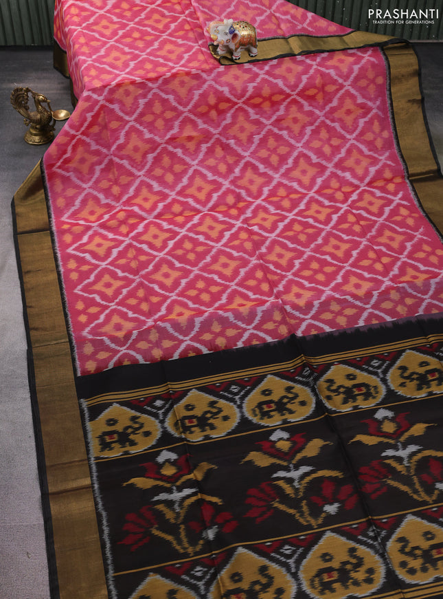 Ikat silk cotton saree pink and deep coffee brown with allover ikat weaves and zari woven border