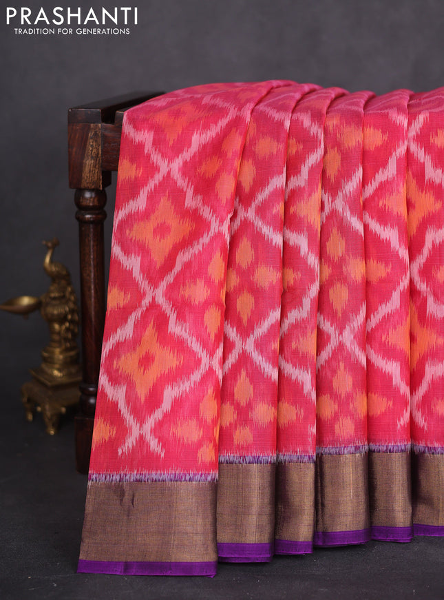 Ikat silk cotton saree pink and purple with allover ikat weaves and zari woven border