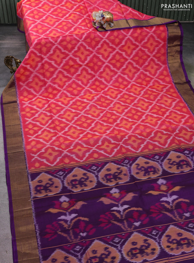 Ikat silk cotton saree pink and purple with allover ikat weaves and zari woven border
