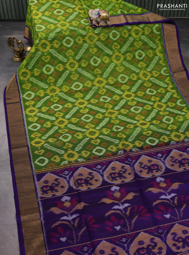 Ikat silk cotton saree green and violet with allover ikat weaves and zari woven border