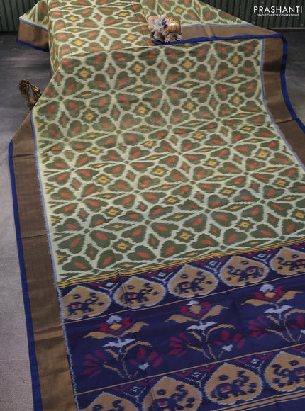 Ikat silk cotton saree cream sap green and peacock blue with allover ikat weaves and zari woven border