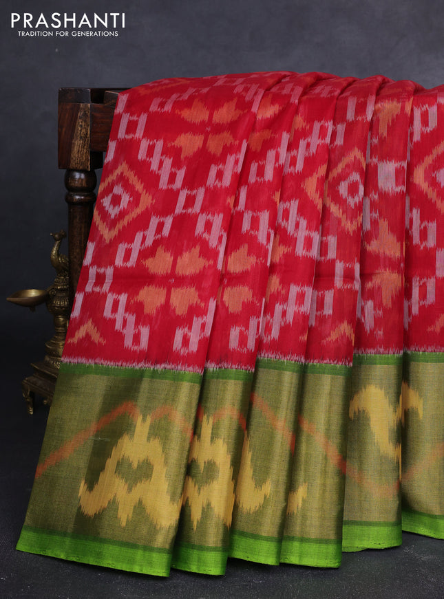Ikat silk cotton saree maroon and light green with allover ikat weaves and long zari woven ikat border