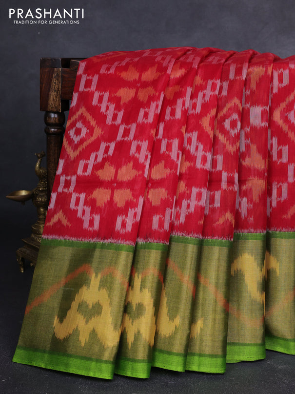 Ikat silk cotton saree maroon and light green with allover ikat weaves and long zari woven ikat border