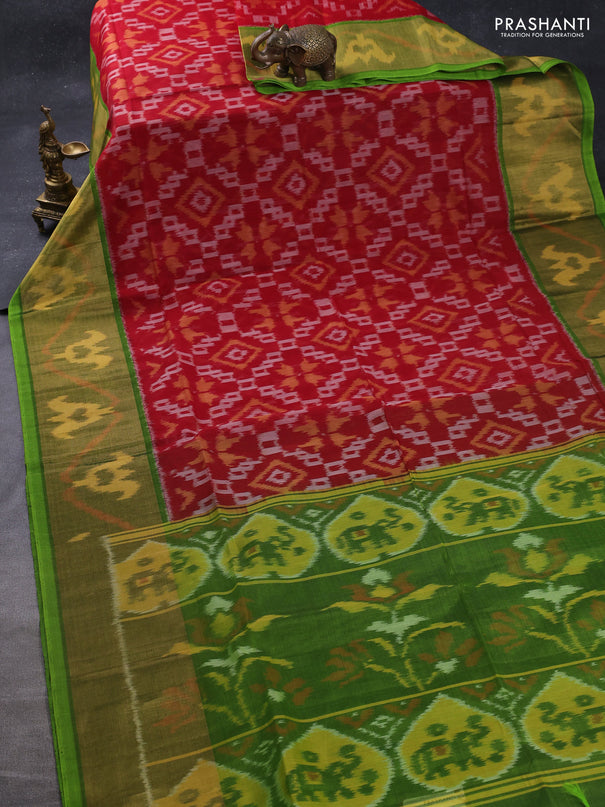 Ikat silk cotton saree maroon and light green with allover ikat weaves and long zari woven ikat border
