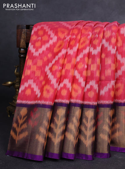 Ikat silk cotton saree red shade and purple with allover ikat weaves and long zari woven ikat border