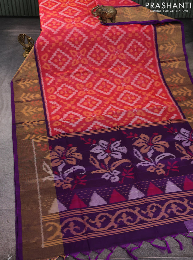 Ikat silk cotton saree red shade and purple with allover ikat weaves and long zari woven ikat border