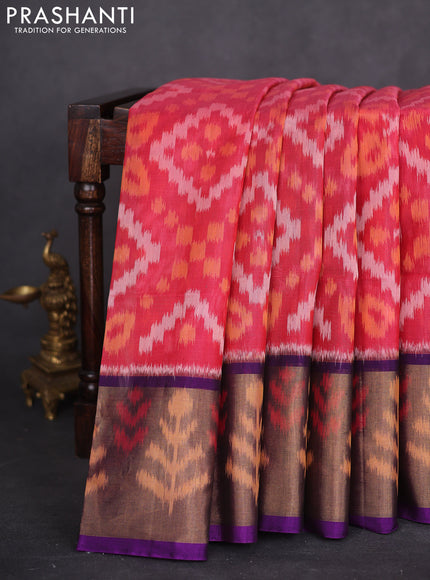 Ikat silk cotton saree pink shade and purple with allover ikat weaves and long zari woven ikat border