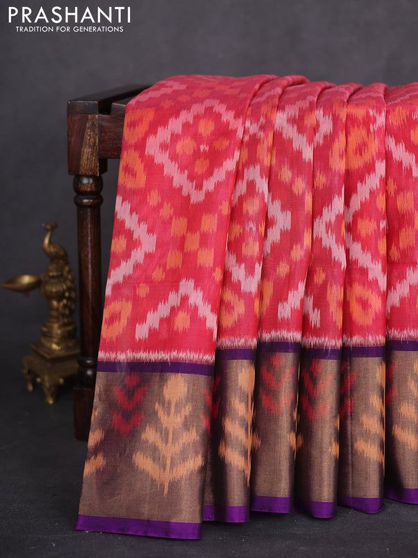 Ikat silk cotton saree pink shade and purple with allover ikat weaves and long zari woven ikat border