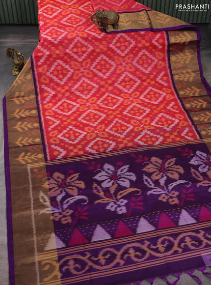 Ikat silk cotton saree pink shade and purple with allover ikat weaves and long zari woven ikat border