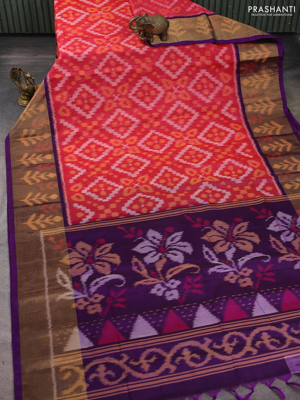Ikat silk cotton saree pink shade and purple with allover ikat weaves and long zari woven ikat border