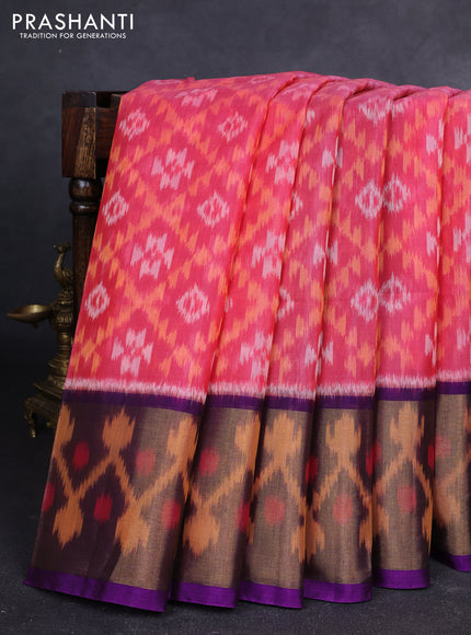 Ikat silk cotton saree pink shade and purple with allover ikat weaves and long zari woven ikat border