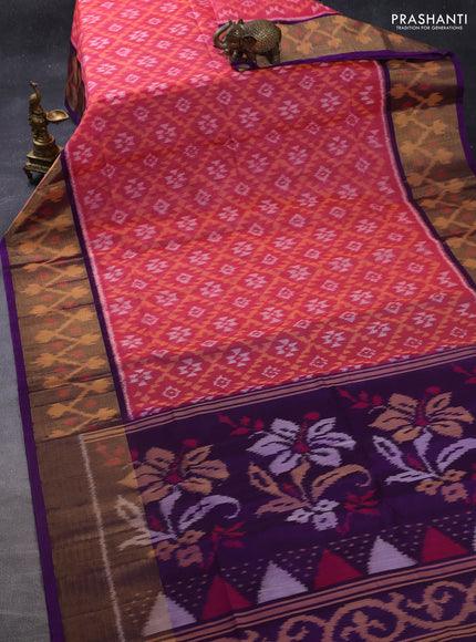 Ikat silk cotton saree pink shade and purple with allover ikat weaves and long zari woven ikat border