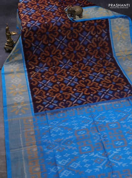 Ikat silk cotton saree deep wine and cs blue with allover ikat weaves and long zari woven ikat border