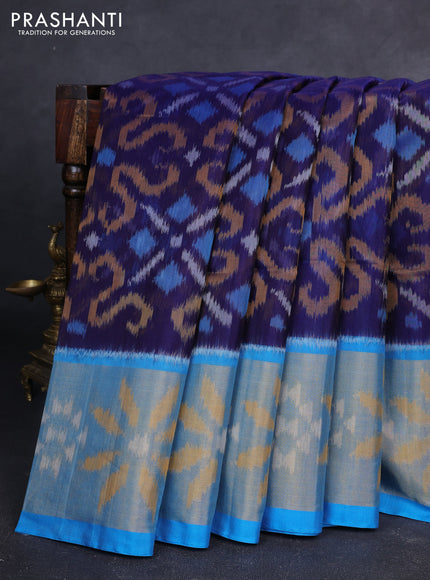 Ikat silk cotton saree dark blue and cs blue with allover ikat weaves and long zari woven ikat border