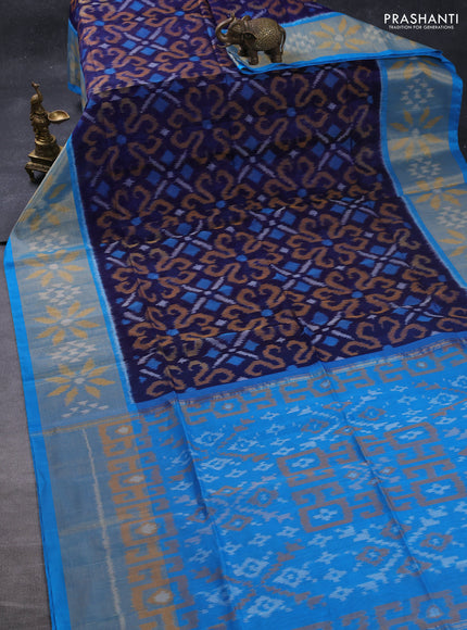 Ikat silk cotton saree dark blue and cs blue with allover ikat weaves and long zari woven ikat border