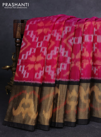 Ikat silk cotton saree pink and deep coffee brown with allover ikat weaves and long zari woven ikat border