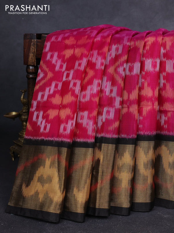 Ikat silk cotton saree pink and deep coffee brown with allover ikat weaves and long zari woven ikat border