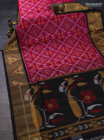 Ikat silk cotton saree pink and deep coffee brown with allover ikat weaves and long zari woven ikat border